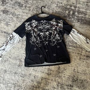 Black and T shirt with sown in white sleeves with abstract designs